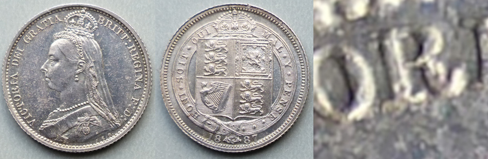 1887 R over I sixpence